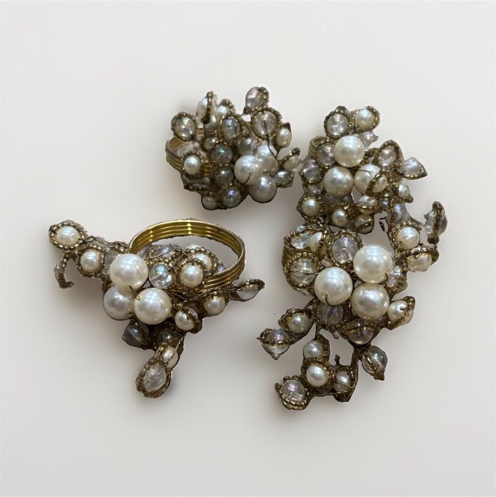 Set of 4 Gold/White Floral Faux Pearl Embellished Metal Napkin Rings, Wedding